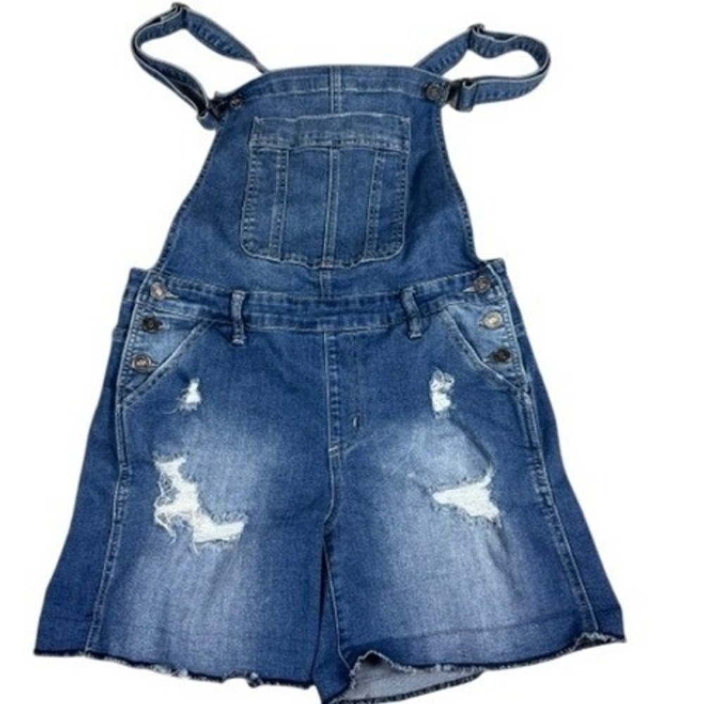 Kancan Shortalls Women's M‎  Distressed Denim Overalls Medium Wash Frayed Hem